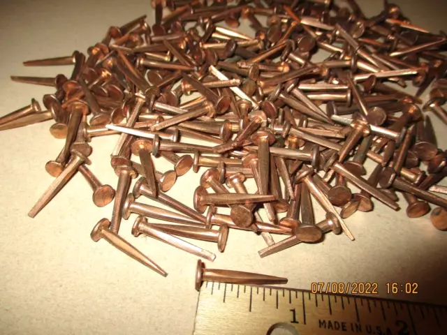 50 Vintage 7/8” Long Solid Copper Tacks, 3/32" Thick Shank 1/4” Wide Head, N.o.s