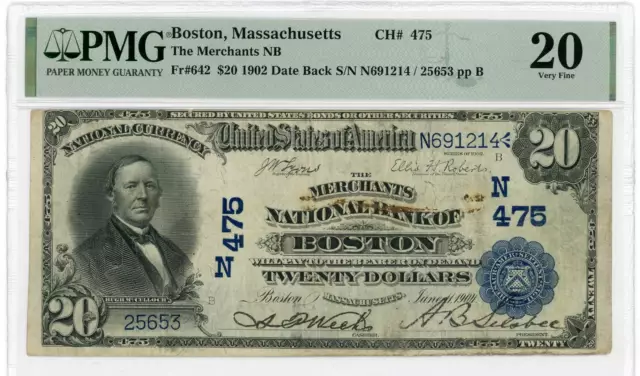 NobleSpirit No Reserve US Fr 642 1902 Date Back $20 Blue NB Boston MA PMG 20