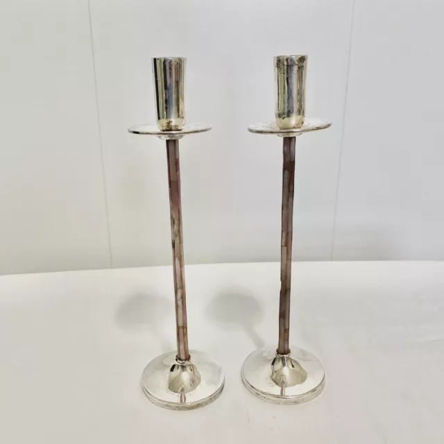 Pair Of Los Castillo Taxco Mexico Silver Plate With Abalone Inlay Candle Holders