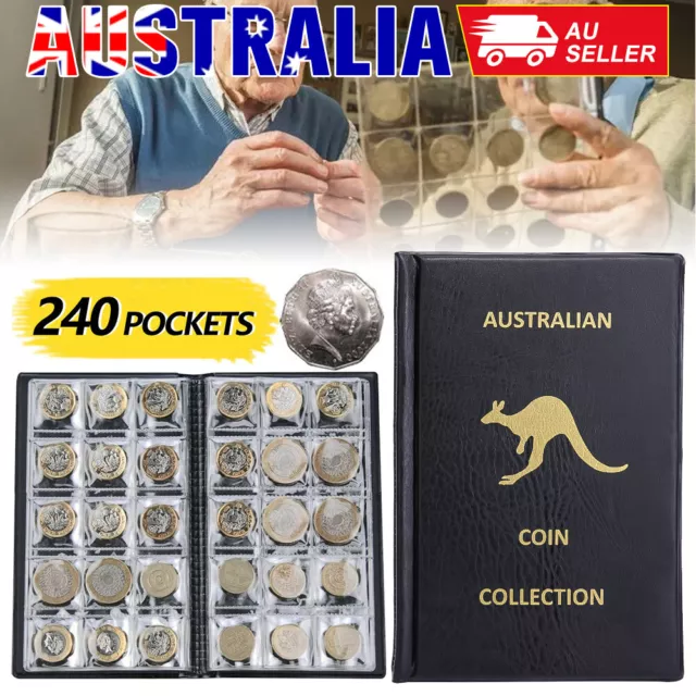 240 Coins Coin Album Australian Coin Collection Folder Book Holds Black Gold