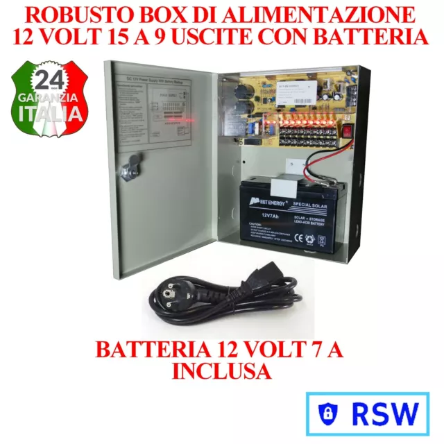 Box Di Alimentazione 12V 9 Uscite 15 A In Metallo Inclusa Batteria 12 Volt 7 A