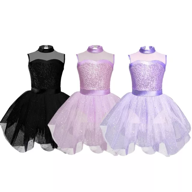 Kids Girls Dancewear Sleeveless Sequin Top And Tulle Skirt Asymmetrical Shiny