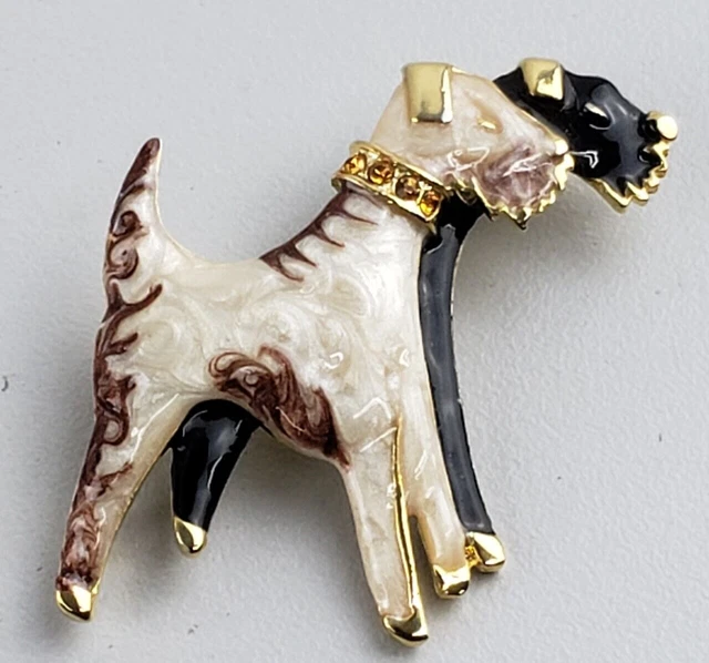 Broche Airedale Dog Terrier Zorro Pin Tono Dorado Metal 1,75" Estrás Vintage