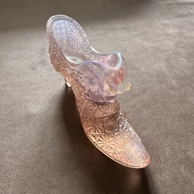 Vintage Fenton Usa Pink Iridescent Pressed Glass Cat Boot Heal Shoe