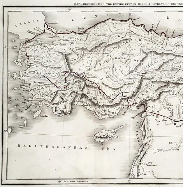 1866 March & Retreat  of the Ten Thousand Greeks Map Turkey Persian Empire RARE