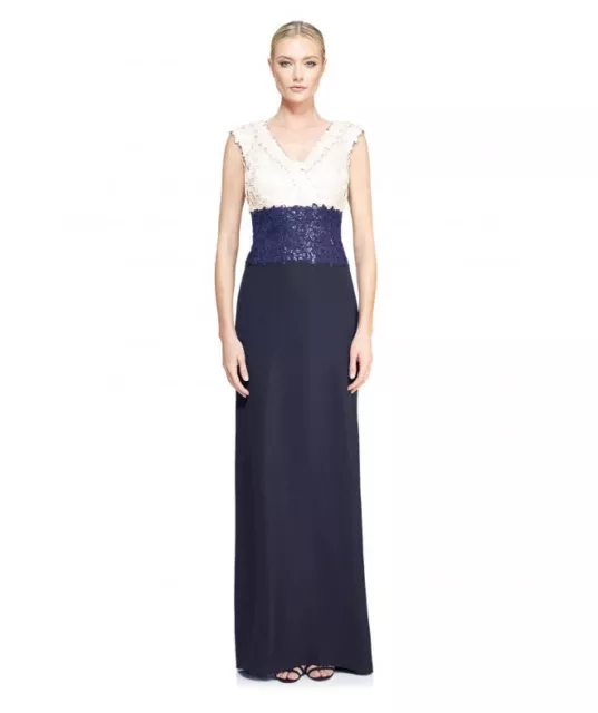 NWT TADASHI SHOJI Sequin Top Embroidered Lace NAVY and IVORY GOWN Sz - 4