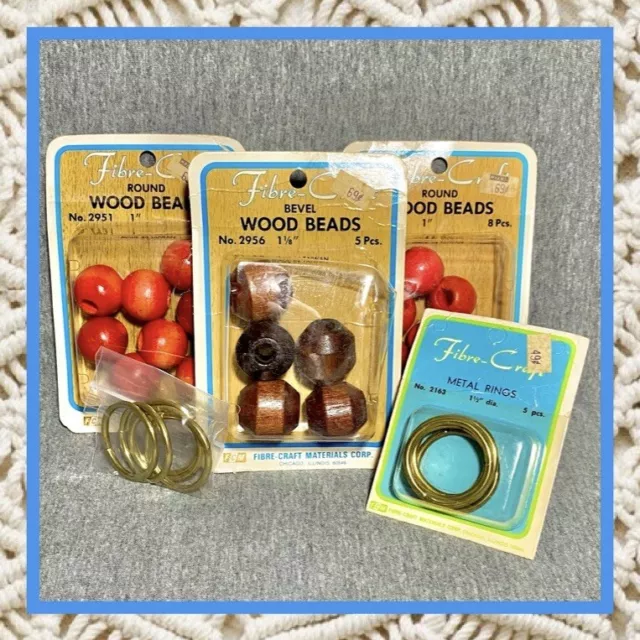 Vtg Fibre-Craft 21 Large Wooden Beads & 10 Metal Rings - Macrame Accessories