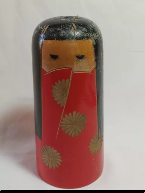 VTG Sosaku Kokeshi wooden  doll of happiness red Kimono gold flowers Japan 6"T