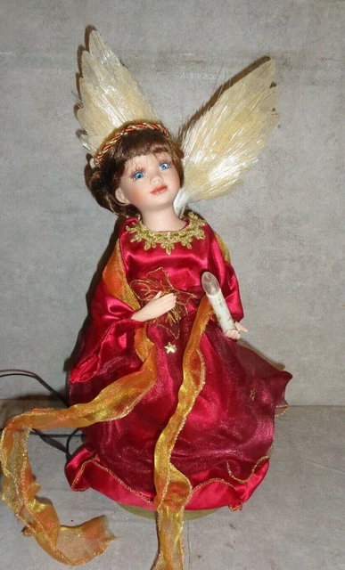 Porcelain Head Angel In Red Dress With Fiberoptic Wings 18 In. Tall