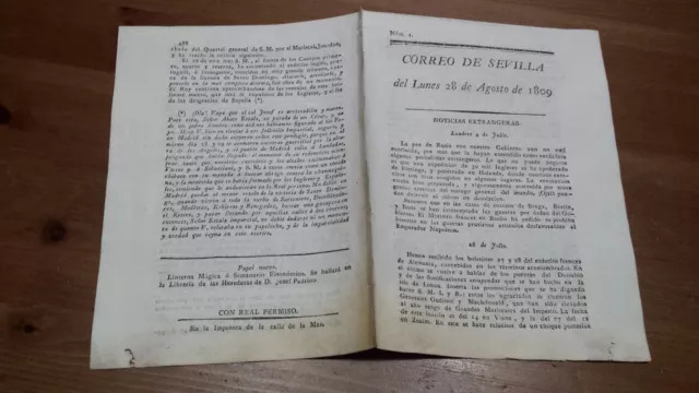 Núm 1 Correo de Sevilla del Lunes 28 de Agosto de 1809 Calella Málaga Valencia..