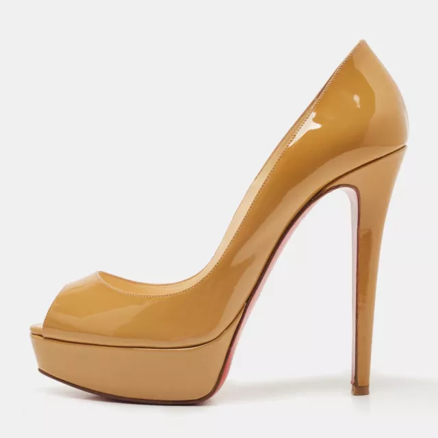 Christian Louboutin Beige Patent Leather Lady Peep Platform Pumps Size 39.5