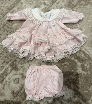 Vtg Baby Dress 10-13 Lbs 3 Months Pink Ruffles Lace Ribbon Bottoms Made In USA