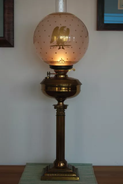 Antique Old Oil Kerosene Gwtw Glass Eagle Gold Shade Impire Federal Banquet Lamp
