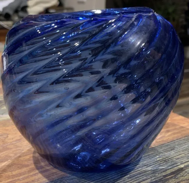 Hand Blown 7” Spiral Ribbed Transparent Glass Vase in Cobalt Blue
