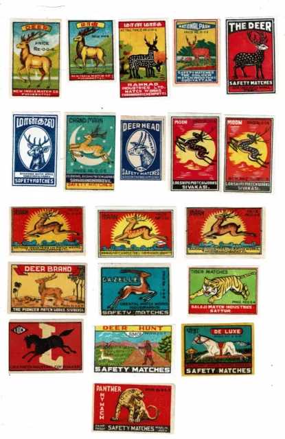 20 Old India c1960s Matchbox labels depicting Animals, Deer, Tiger  etc