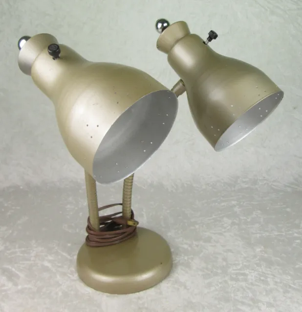 Vintage Mid Century Modern Double Gooseneck Desk Lamp Industrial Pierced 15 inch