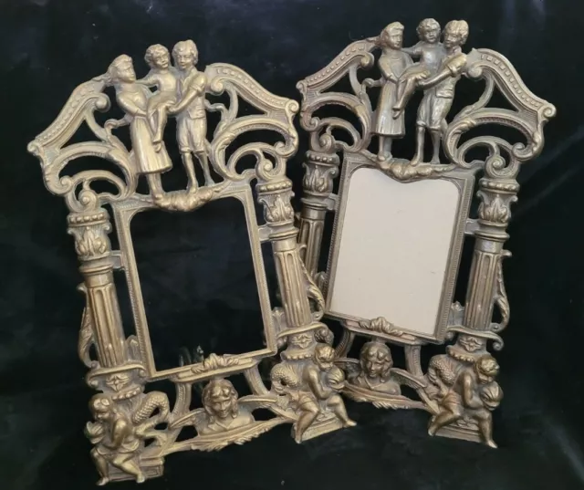 Vintage Ornate Cast Iron Brass Finish Easel Picture Frame  Cherubs  Tabletop