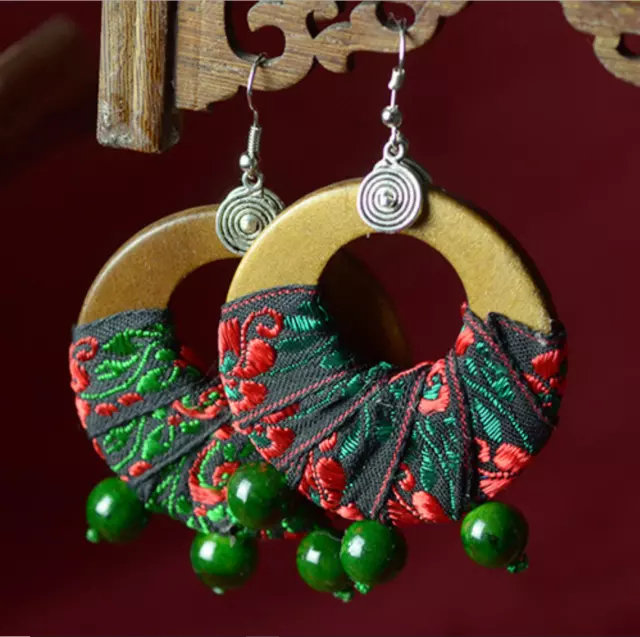 0208243Traditional handmade Multi-color wood w/Cotton Embroidery hoop earrings