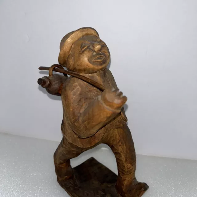 HAND CARVED WOOD FIGURE Traveling Man Folk Art Wooden Statue carrying Jug 8 1/2