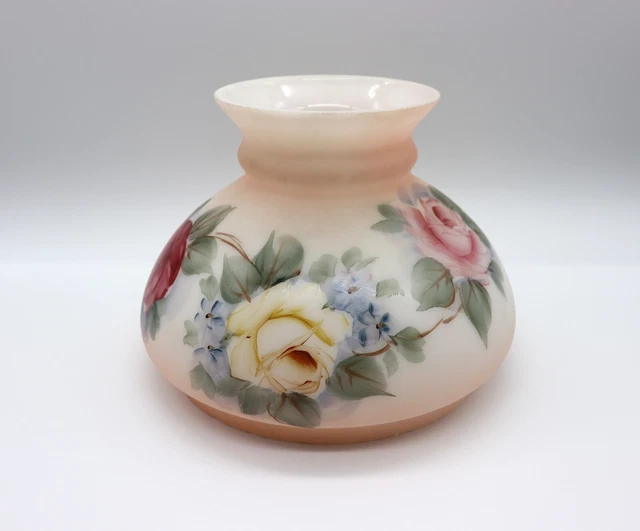 VTG 6.5 In Fitter Peach Pink Milk Glass With Hand Painted Roses Hurricane Shade