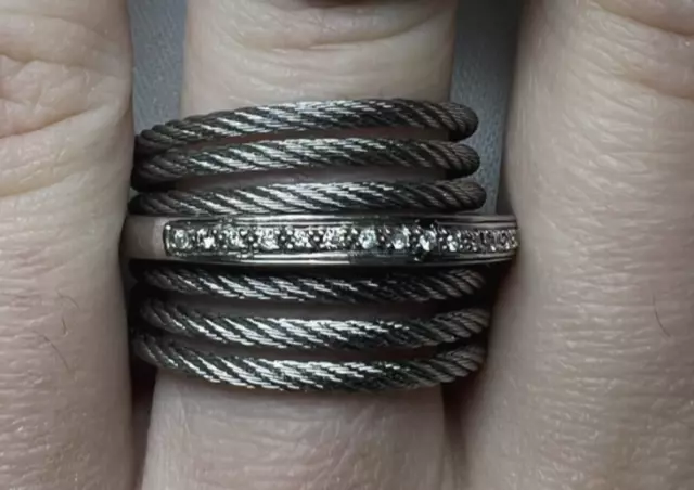 Charriol 18k White Gold, Diamond & Steel  Cable Ring