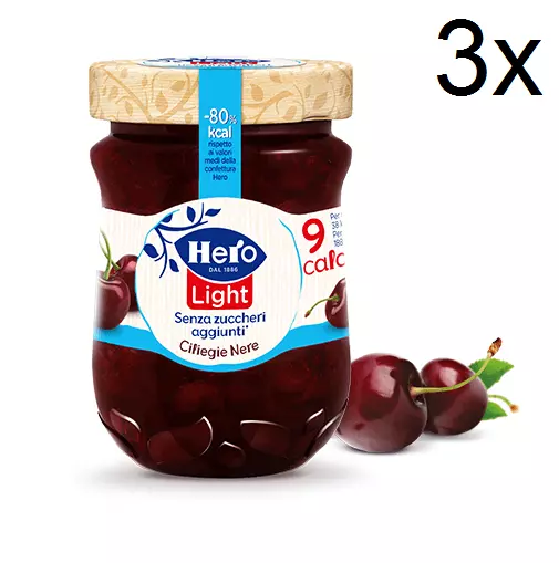 3x Hero Light Konfitüre Leichte Brotaufstriche Schwarze Kirschen Italien 280 g