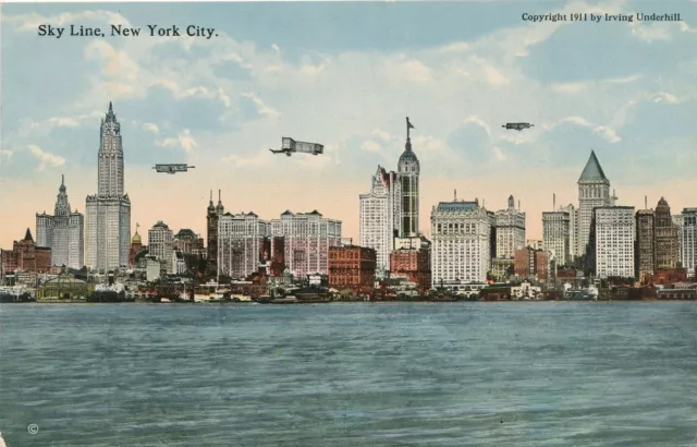 NEW YORK CITY - Skyline Showing Biplanes Sky Line Postcard