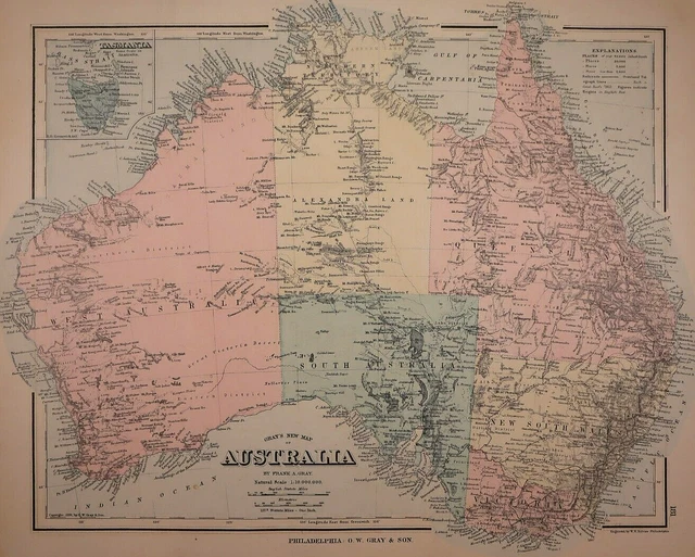 Authentic 1878 O.W. Gray Atlas Map ~ AUSTRALIA ~ FreeS&H   Inv#171