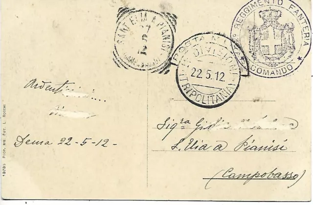1912 P.m 41 Divis.tripolitania Franch Comando Reggim Fanteria Su Cartolina Dern