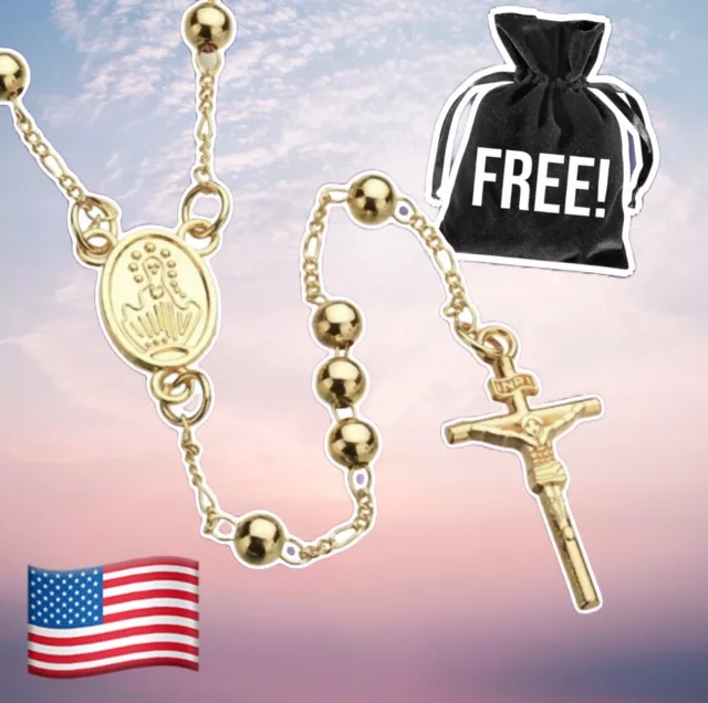 Gold Cross Catholic Virgin Mary Pendant Prayer Beads Rosary