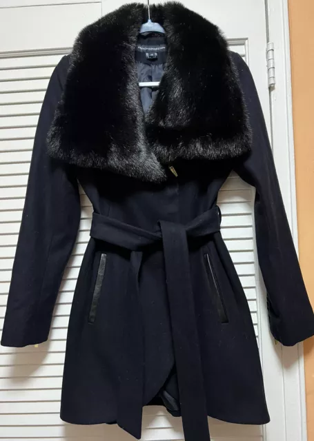 NEW French Connection Faux Fur Collar Belted Coat Asymmetrical XS Navy Blue Wool