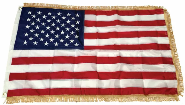 3x5 Ft American Flag GOLD FRINGE Embroidered Nylon USA Indoor US w/ Grommets