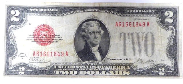 1928-A $2 Dollar Bill United States Note Red Seal Rare Series