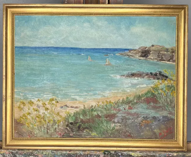 tableau N233 paysage bord de mer huile sur panneau signé M sauty