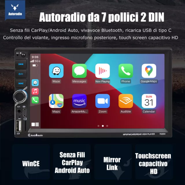 Doppio 2 DIN 7" Autoradio Wireless Apple Carplay FM USB AUX-IN TF HD Schermo MP5 2