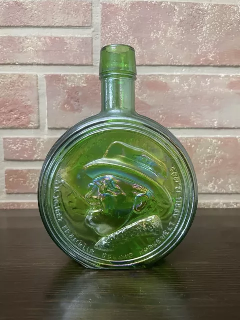 Wheaton Aqua Green Iridescent Carnival Glass Bottle FDR Franklin Roosevelt