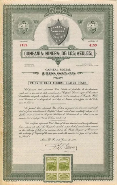 Compañía Minera De Los Azules - Certificado de Acciones - Acciones y Bonos Mexicanos