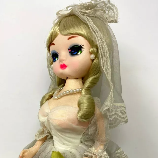 Vintage 1960s Korea Big Eyed Bride Bradley Doll  Dress Big-Eye Missing Music Box