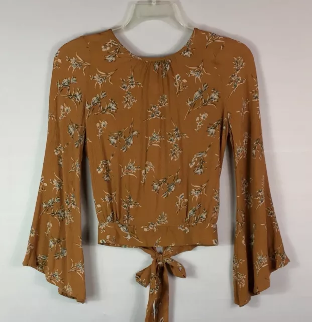 DAYTRIP Blouse Womens Small Brown Floral Top Long Bell Sleeve Tie Hem Back