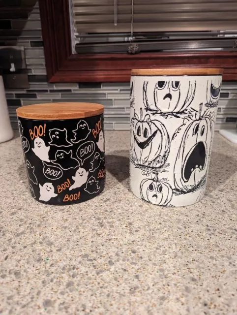 Eli + Ana Ceramic Pumpkin Jack O'Lantern & Ghost Canister Wood Lid Halloween NEW