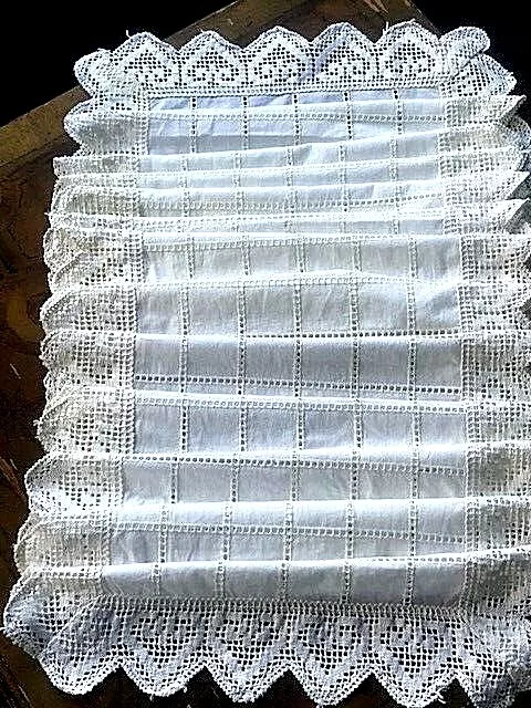 Banquet Table Runner 9' Heirloom White Hand Embroidered Grid Work Crocheted Edge