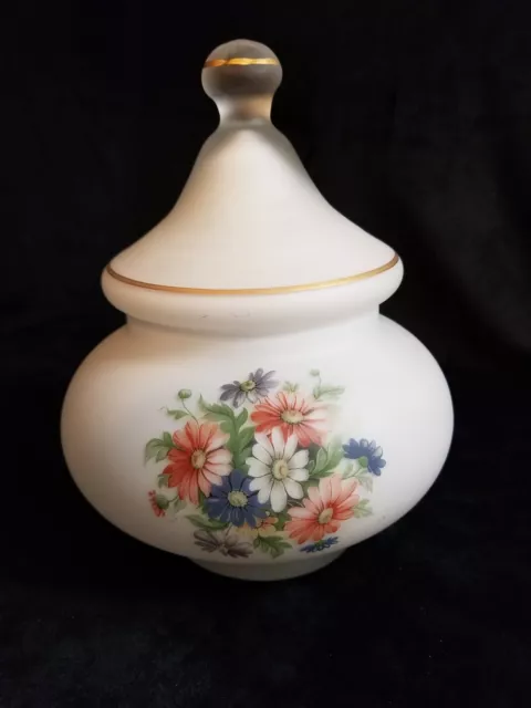 Blown Heavy Glass Candy Jar With Lid. Flowers on frosty white and clear. Italy