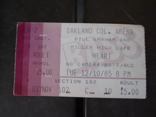 Vtg 1985 HEART Concert Ticket Stub, Oakland Colliseum Arena, CA
