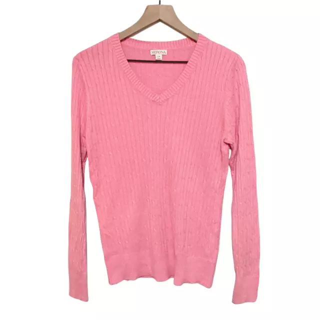 Merona L Pink Long Sleeve Cable Knit Sweater Top V Neck Women's Ribbed Hem