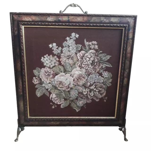 Vintage Wooden Fire Guard Screen Flowers Tapestry Brass Handle Feet Hand Painted