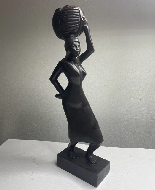 Carved 17” Wooden Statue African Vintage Tribal Art Ebony Figure Sculpture Large