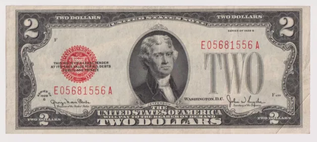 Crisp VF 1928 G $2 United States Note Red Seal Note Two Dollar Bill