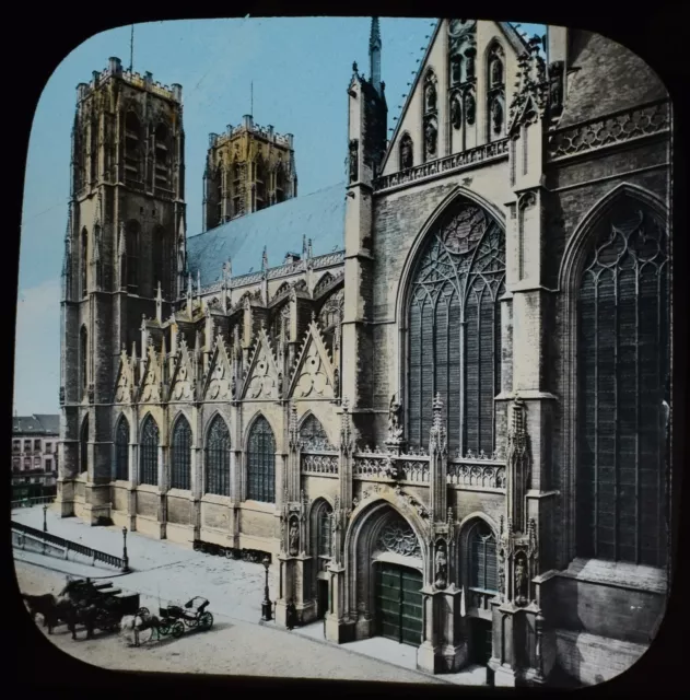 ANTIQUE Magic Lantern Slide BRUSSELS CATHEDRAL C1888 VICTORIAN PHOTO BELGIUM