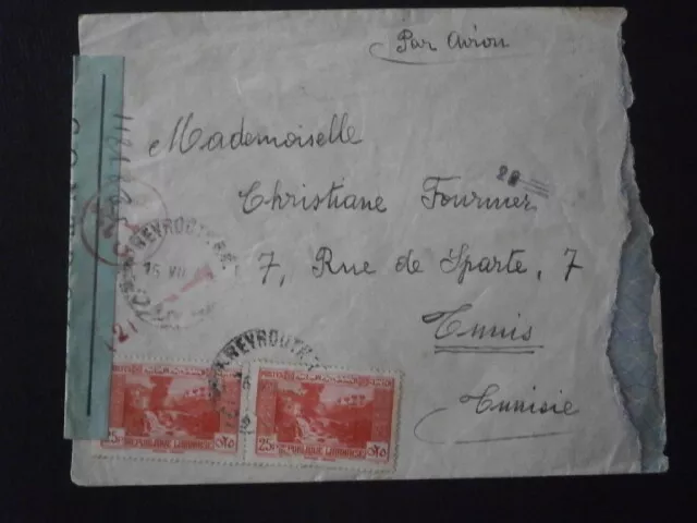 Grand Liban Lebanon Enveloppe Lettre Cover Censure Croix Lorraine Beyrouth Avion