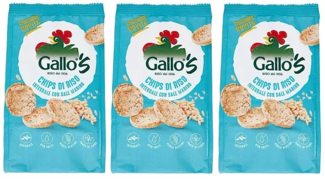3x Riso Gallo Chips con Riso Integrale e Sale Marino,Snack mit Braunem Reis 40g